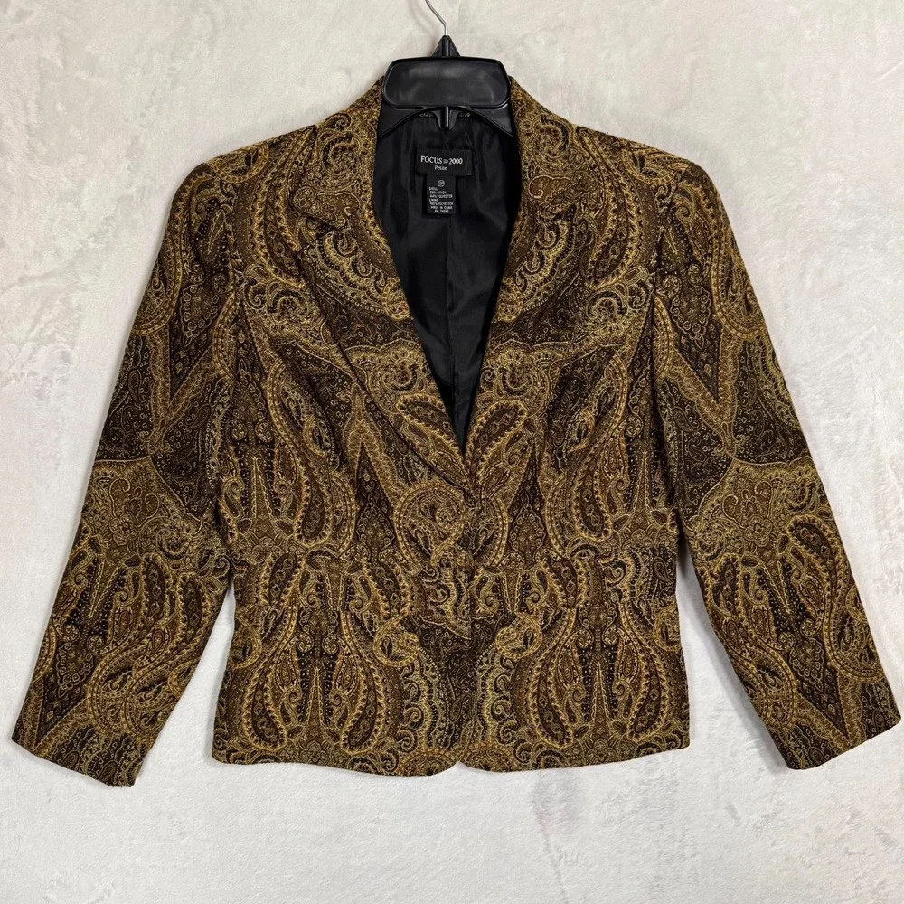 Vintage Paisley Tapestry Blazer Brown Gold Tailored Jacket 12 P Fits Sz Medium P